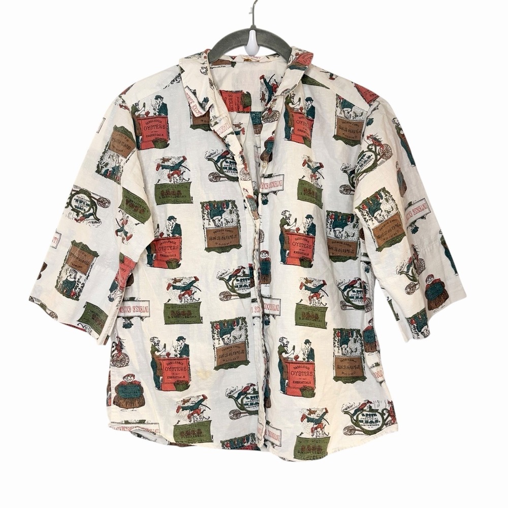 Lady Towncraft Vintage Button Down Shirt Comics Oysters Teapot Funky Unique XS
